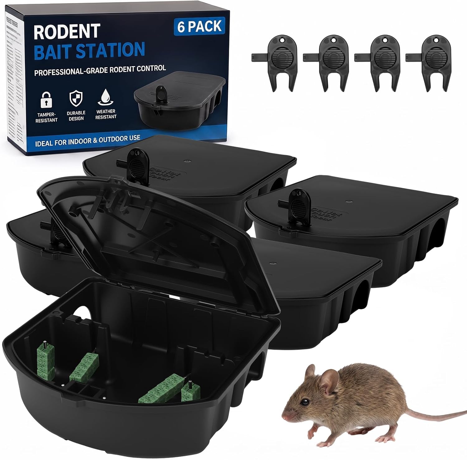 6 Pack Rat Bait Station with Key Mouse Bait Boxes 6 Pack Rat Bait Station with Key Mouse Bait Boxes 10.5x10.5x3.5in - Image 1