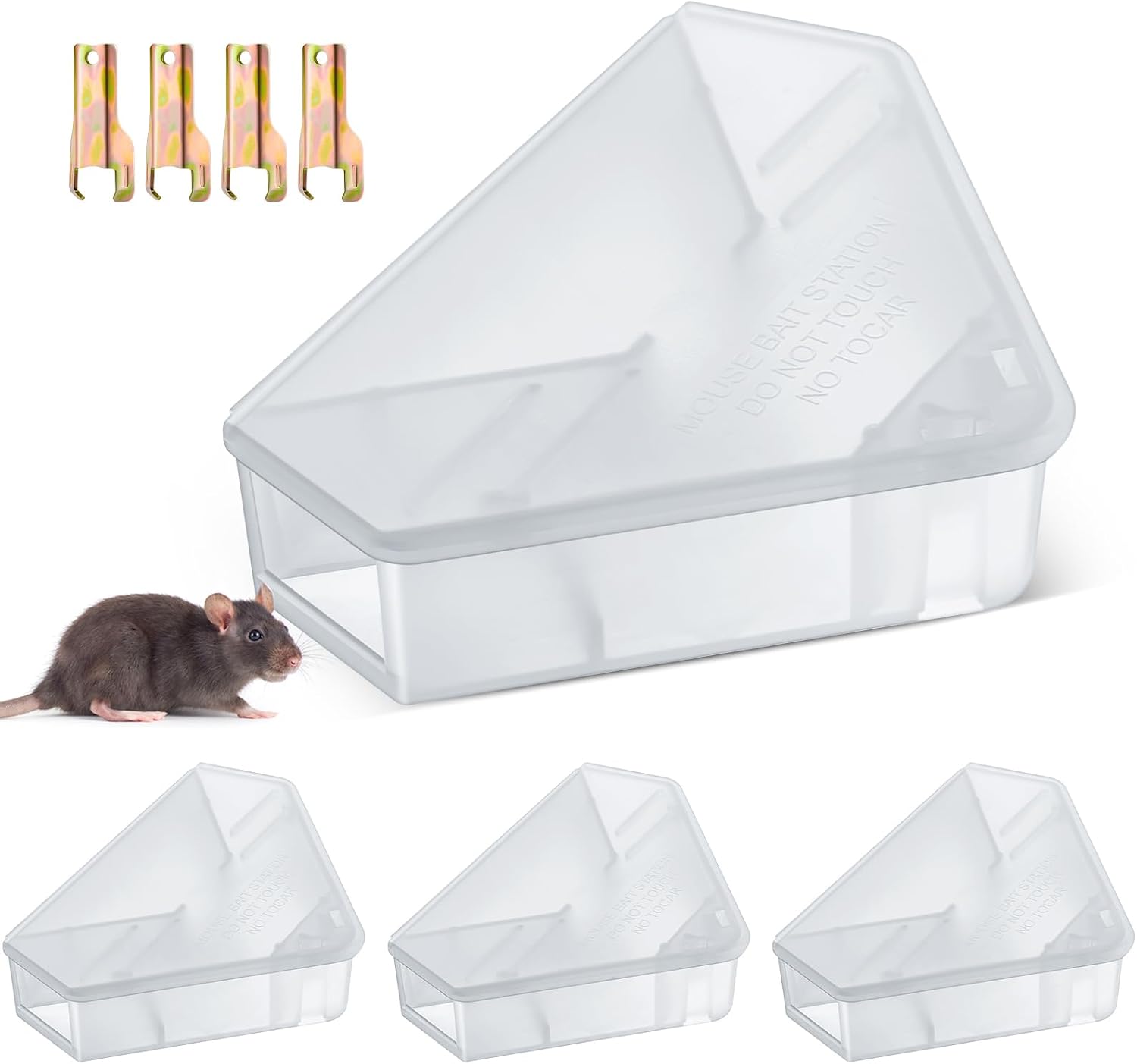 Qualirey 4 Pcs Triangle Mice Rat Bait Stations, 5x3 in, Qualirey 4 Pcs Triangle Mice Rat Bait Stations, 5x3 in, Translucent - Image 1
