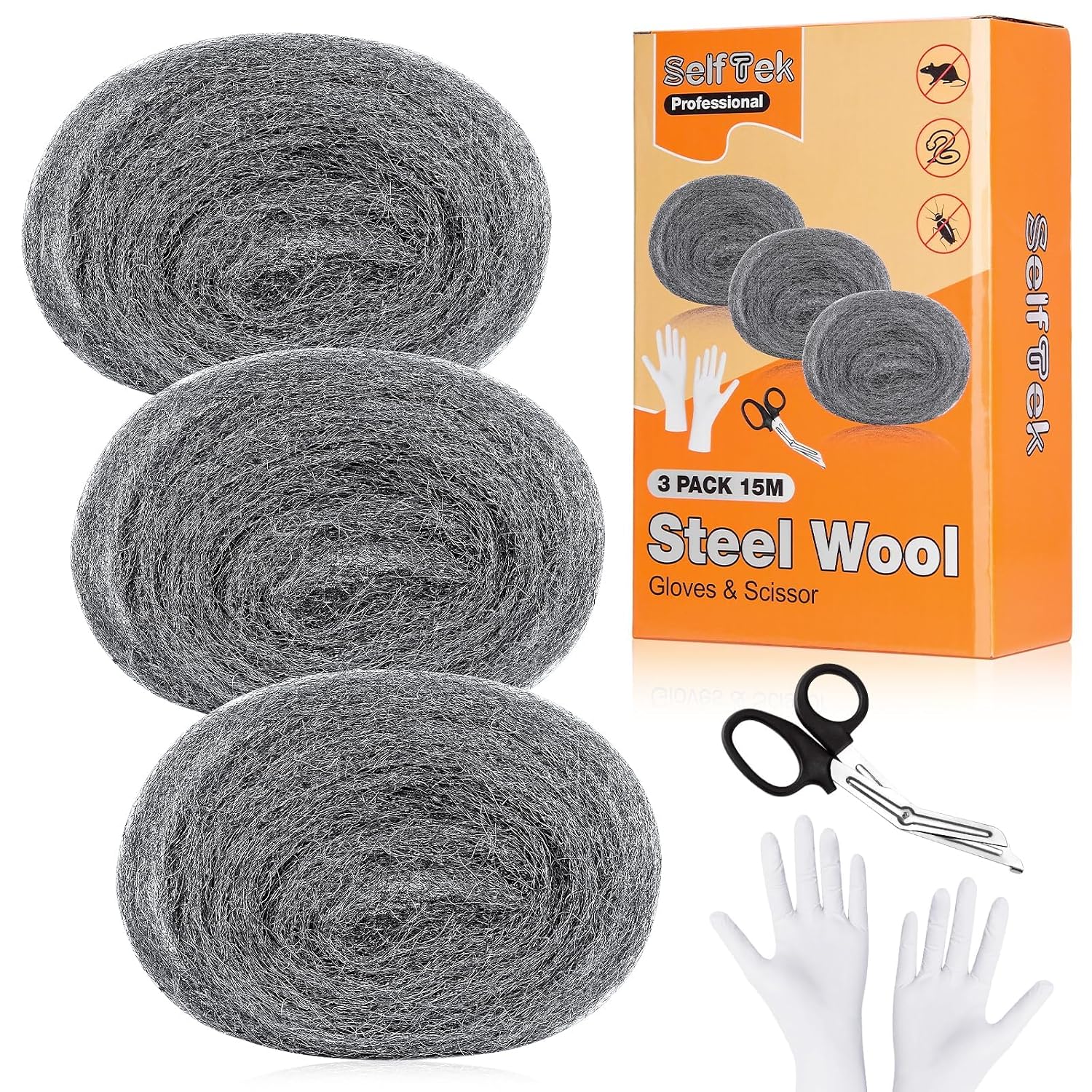 SelfTek Steel Wool for Mice Control, 15 Meter Wire Wool SelfTek Steel Wool for Mice Control, 15 Meter Wire Wool Mice Blocker for Rodent Control, Cleaning, Wall Hole Gap Filler for Home & Garage, DIY Bundle with Gloves and Scissors- 3 Pack, 2.9" x 16.4 ft - Image 1