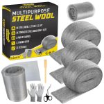 Steel Wool Mice Control - 3 Pack 2.75 in x 11.5 Ft Steel Wool & 1 Pack 5 in x 15 Ft Wire Mesh with Wooden Stick & Gloves & Scissors, Mouse Hole Filler for House Garden Polishing Chrome, Glass