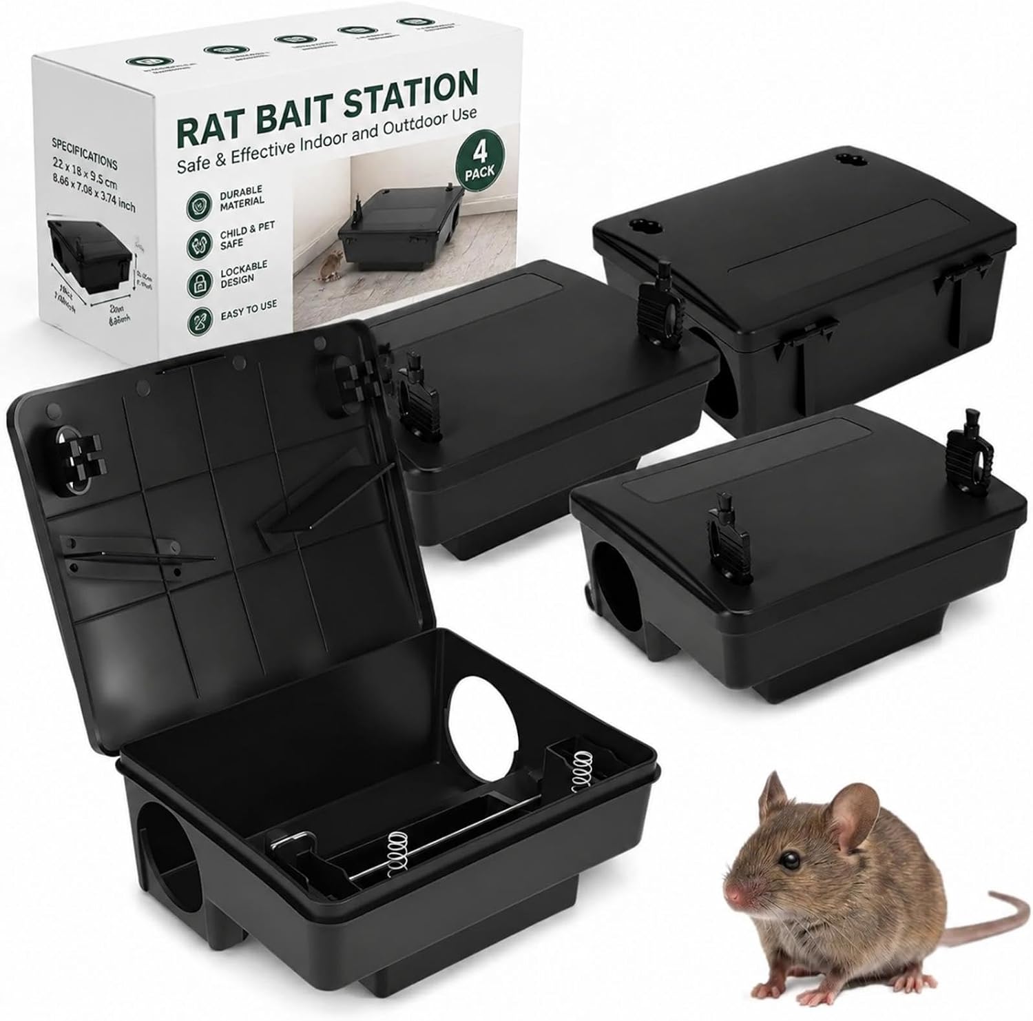 4 Pack Rat Bait Station, Tamper-Resistant Rodent Box with Key 4 Pack Rat Bait Station, Tamper-Resistant Rodent Box with Key - Image 1